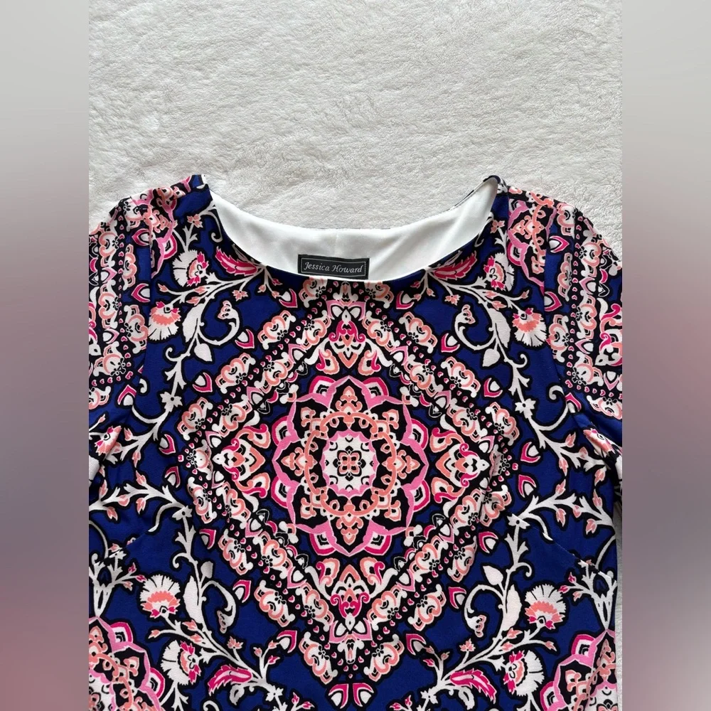 Jessica Howard Elegant Navy and Pink Patterned Shift Dress - Size 8 - Picture 5 of 12